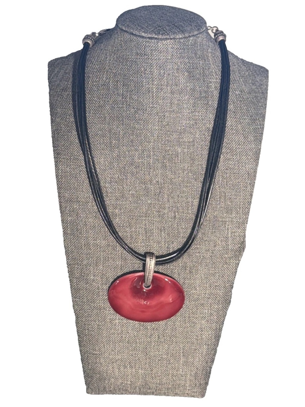 Chico's Necklace Burgundy Enamel Pendant Black Cord Silver Tone Choker Marked